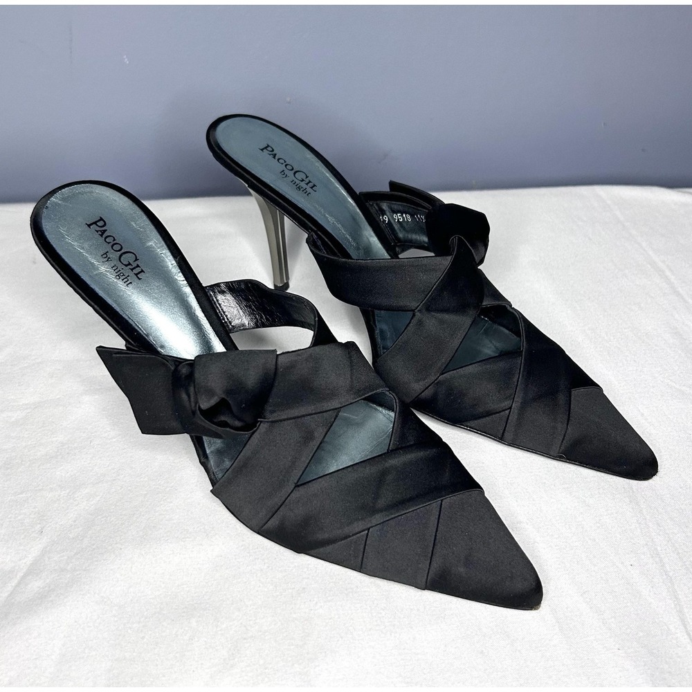 Paco Gil Shoes Womens 10 Black Bow Satin Mule Pointed Toe Stiletto Heels Formal